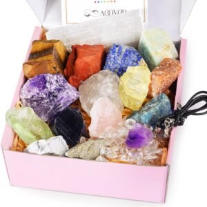 AOOVOO 17Pcs Crystals and Healing Stones, 14Pcs Real Raw Chakra Stones Set, Selenite Charging Plate, Amethyst Necklace, Rose Quartz, Mothers Day Gifts, Gift Box, Guide for Beginner