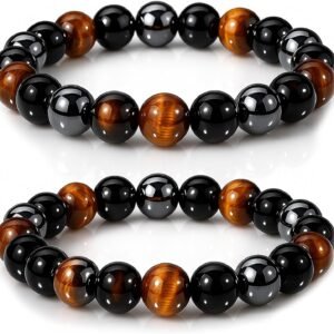 WFJ Black Obsidian Hematite Triple Protection Bracelets Set - Tiger Eye Beaded Natural Stone Bracelet for Men Women Gemstone (10MM)