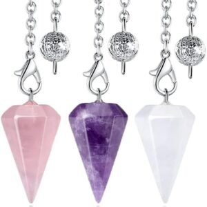 DUQGUHO 3 Pcs Crystal Pendulums Set for Divination Dowsing Natural Amethyst Rose Quartz Clear Quartz Healing Crystal Quartz Reiki Gemstone Pendants Witchcraft Wiccan Accessories