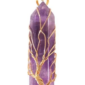 VIBILIA Healing Crystal Necklace Tree of Life Wire Wrapped Natural Stone Point Pendant Necklace Hexagonal Reiki Spiritual Quartz Gemstone Jewelry for Women Men