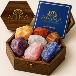 Anima Premium 7 Chakra Healing Crystals Set for Energy Alignment - Large Raw Amethyst, Rose Quartz, Citrine, Lapis Lazuli, Clear Quartz, Tigers Eye & Red Jasper - Wooden Gift Box &