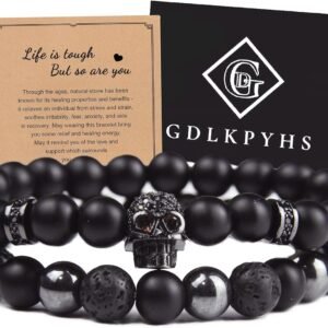 GDLKPYHS Black Obsidian Bracelet for Men - Black Tourmaline Beaded Bracelets - Mens Bracelet Set 8MM Black Onyx Hematite Lava Stone Beads Triple Protection Bracelet for Men Women G