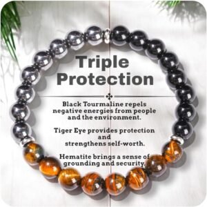Triple Protection Healing Crystal Beaded Bracelet – Tiger Eye, Black Tourmaline & Hematite Natural Stone Jewelry – Strength & Positive Energy Gift for Men & Women – Christmas & Ann
