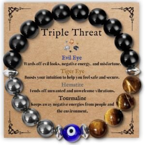 SmileBelle Triple Protection Bracelet for Men, Black Tourmaline Beaded Bracelets as Fathers Day Gifts for Men Evil Eye Jewelry as Rakhi Gifts for Brother Hematite Tiger Eye Crystal