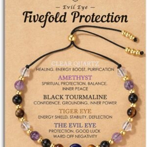 Evil Eye Dainty Bracelet - Natural Crystal Protection Bracelet - 5 Healing Stones Clear Quartz Amethyst Black Tourmaline Tiger Eye Adjustable Spiritual Guardian Jewelry Gift with M