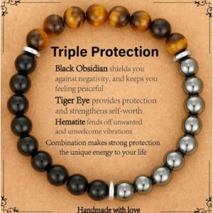 Gnamy Natural Stone Bracelet Gifts for Men- Triple Protection Hematite Black Obsidian Tiger Eye Gemstone Beaded Bracelets Birthday Healing Jewelry Gifts