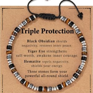 Jesvo Healing Crystal Bracelet for Men Women, Triple Protection Hematite Black Obsidian Tiger Eye Natural Gemstone Beaded Bracelets Jewelry Gifts for Him